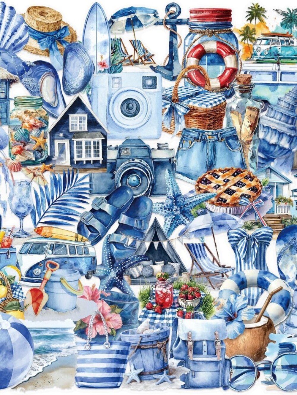 50PCS Transparent Blue Beach Stickers Aesthetic PET Stickers Blue Ocean Decal Wa